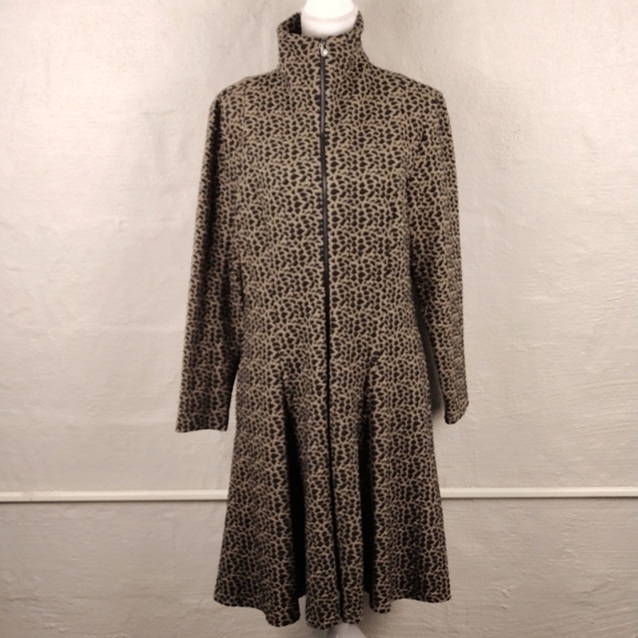 Samuel Dong Tan Black Leopard Print Funnel Neck Long Sleeve Midi Coat Dress - Picture 2 of 15